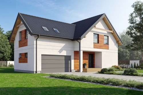 Projekt domu Sulis 2 L-6797, dwulokalowy, parterowy z poddaszem użytkowym, z garażem dwustanowiskowym - kolorystyka wersja 1