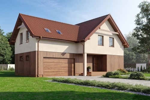 Projekt domu Sulis 2 L-6797, dwulokalowy, parterowy z poddaszem użytkowym, z garażem dwustanowiskowym - kolorystyka wersja 2