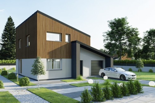 Projekt domu Emenita 2 L-6803, parterowy z poddaszem użytkowym, garażem jednostanowiskowym - kolorystyka wersja 1
