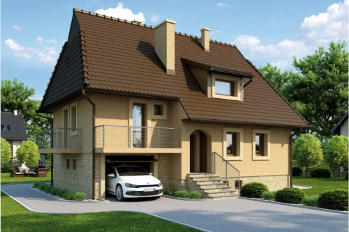 Projekt domu Sławczyn L-6226, parterowy z poddaszem mieszkalnym, częściowo podpiwniczony z garażem - kolorystyka wersja 1