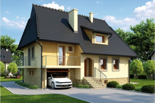 Projekt domu Sławczyn L-6226, parterowy z poddaszem mieszkalnym, częściowo podpiwniczony z garażem - kolorystyka wersja 2