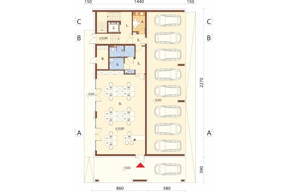 Projekt budynku usługowo-biurowego K-131 B, 3 kondygnacyjny, niepodpiwniczony - rzut parteru