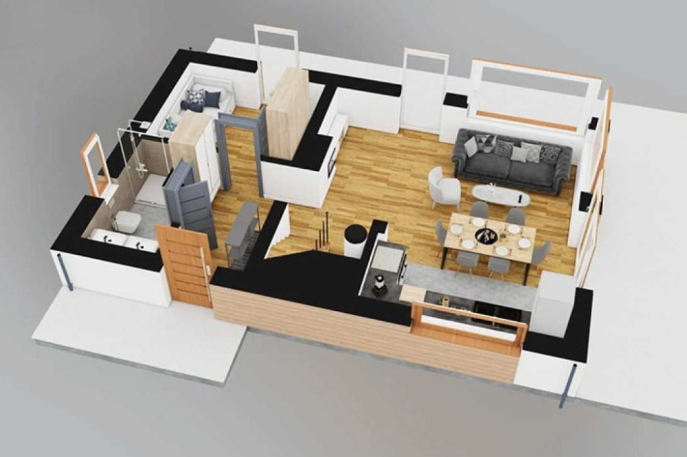 Projekt domu Xanten 2 L-6844, parterowy z poddaszem użytkowym, bez garażu, bez podpiwniczenia - rzut 3D parteru