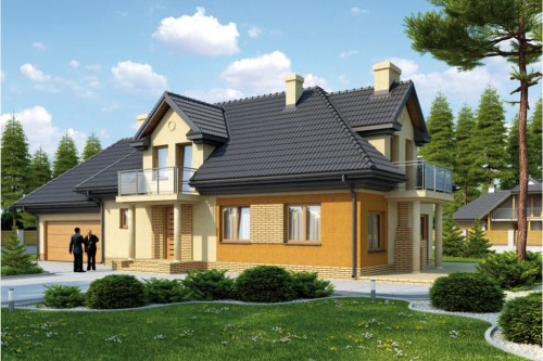 Projekt domu Zabierzów 2 L-6335, parterowy z poddaszem mieszkalnym, z garażem dwustanowiskowym, bez podpiwniczenia - kolorystyka wersja 1