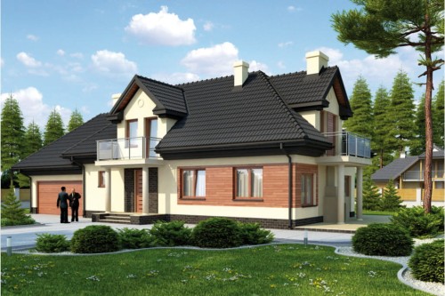 Projekt domu Zabierzów 2 L-6335, parterowy z poddaszem mieszkalnym, z garażem dwustanowiskowym, bez podpiwniczenia - kolorystyka wersja 2