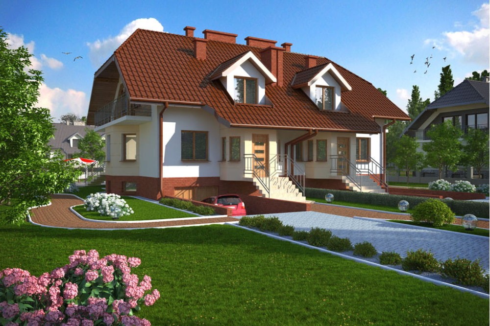 Projekt domu Bratków DM-5509, parterowy z poddaszem mieszkalnym, podpiwniczony w zabudowie bliźniaczej, z garażem dwustanowiskowym - kolorystyka wersja 2
