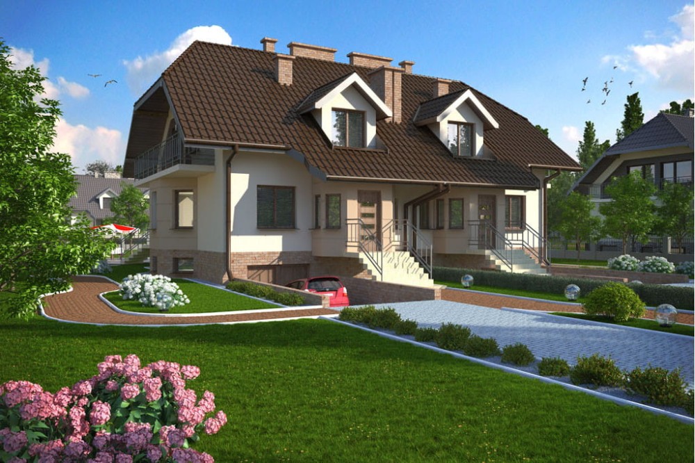 Projekt domu Bratków DM-5509, parterowy z poddaszem mieszkalnym, podpiwniczony w zabudowie bliźniaczej, z garażem dwustanowiskowym - kolorystyka wersja 3