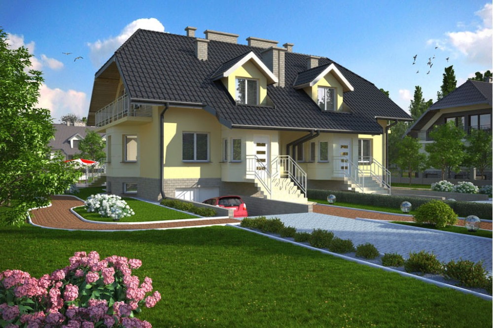 Projekt domu Bratków DM-5509, parterowy z poddaszem mieszkalnym, podpiwniczony w zabudowie bliźniaczej, z garażem dwustanowiskowym - kolorystyka wersja 4