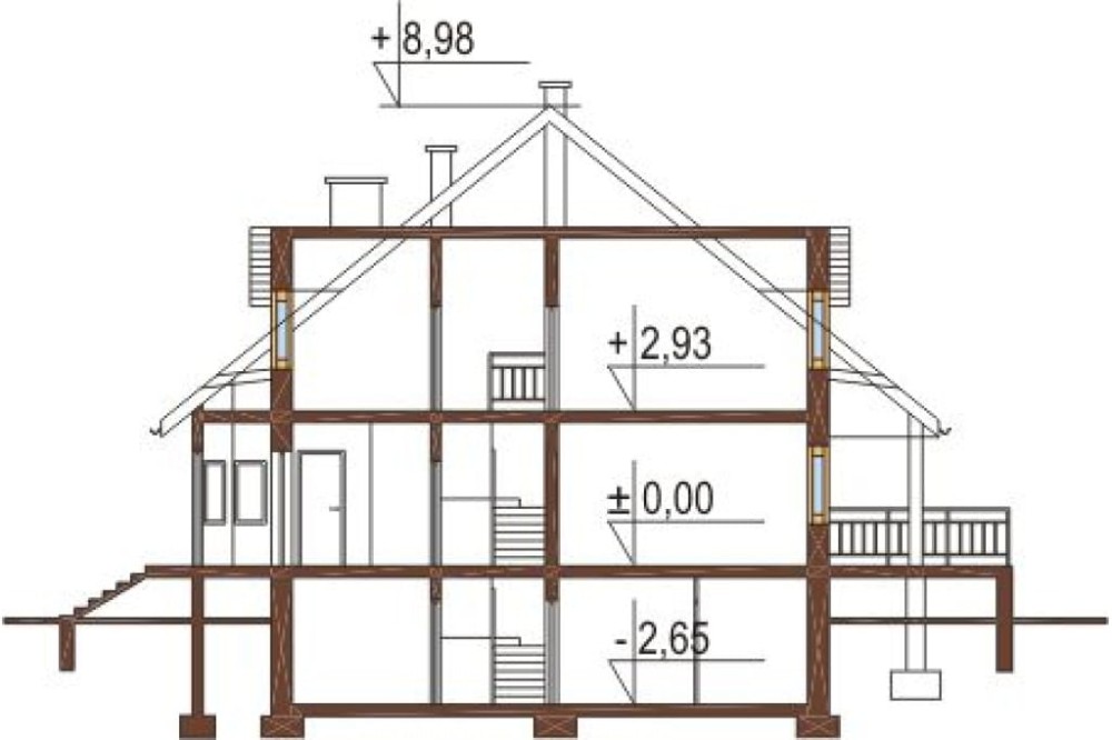 Projekt domu Bratków DM-5509, parterowy z poddaszem mieszkalnym, podpiwniczony w zabudowie bliźniaczej, z garażem dwustanowiskowym - przekrój A-A