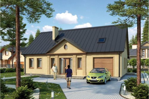 Projekt domu Hetmanów L-6296, parterowy z poddaszem użytkowym, z garażem jednostanowiskowym, bez podpiwniczenia - kolorystyka wersja 1