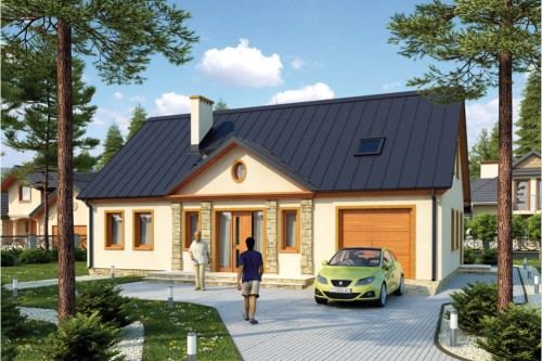 Projekt domu Hetmanów L-6296, parterowy z poddaszem użytkowym, z garażem jednostanowiskowym, bez podpiwniczenia - kolorystyka wersja 2