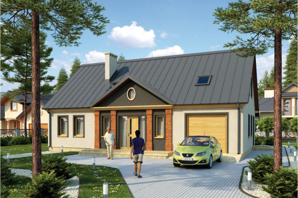 Projekt domu Hetmanów L-6296, parterowy z poddaszem użytkowym, z garażem jednostanowiskowym, bez podpiwniczenia - kolorystyka wersja 4