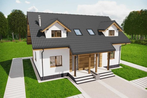 Projekt domu Hadia B DM-6684 B, dwulokalowego, parterowy z poddaszem użytkowym - wizualizacja elewacji frontowej