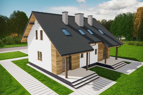 Projekt domu Hadia B DM-6684 B, dwulokalowego, parterowy z poddaszem użytkowym - wizualizacja elewacji ogrodowej