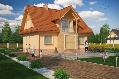 Projekt domu Przecieszyn L-6051, parterowy z poddaszem mieszkalnym, częściowo podpiwniczony - kolorystyka wersja 1