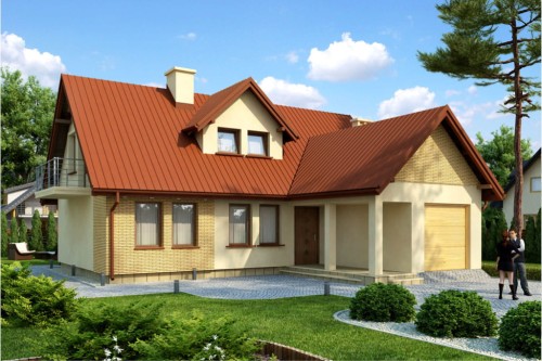 Projekt domu Skalmierz DM-6229, parterowy z poddaszem mieszkalnym, częściowo podpiwniczony z garażem - kolorystyka wersja 2