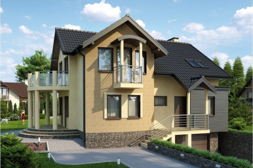 Projekt domu Samborzec L-6267, parterowy z poddaszem mieszkalnym, częściowo podpiwniczony, z garażem - kolorystyka wersja 4