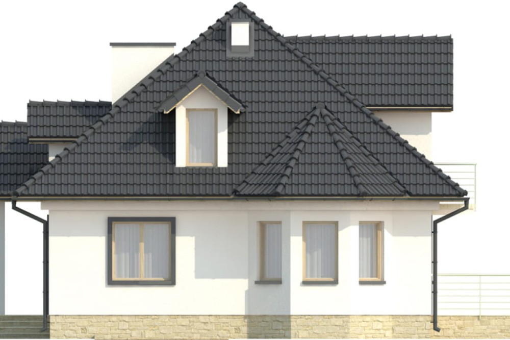 Projekt domu Łomianki 2 L-6338, parterowy z poddaszem mieszkalnym, częściowo podpiwniczony, z garażem - elewacja prawa