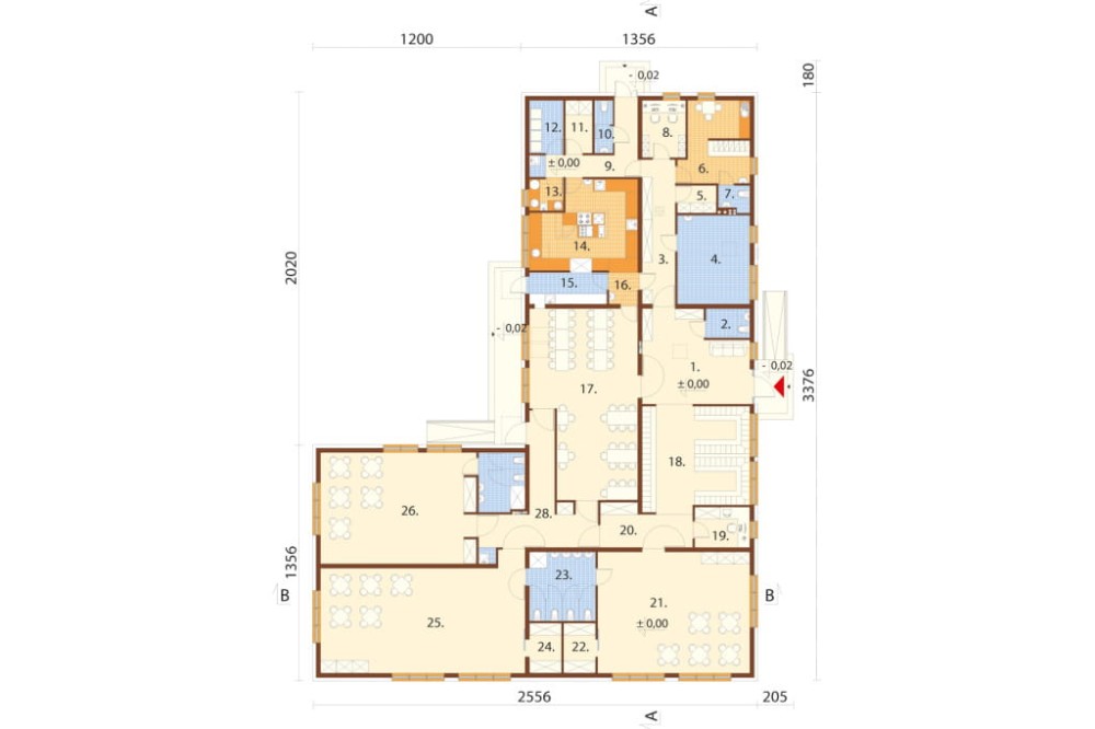 Projekt przedszkola K-82 B, parterowy ze strychem nieużytkowym w przestrzeni którego zlokalizowano urządzenia techniczne, niepodpiwniczony - rzut parteru