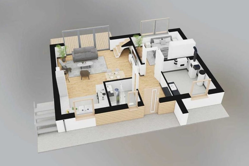 Projekt domu Vernum 2 L-6847, piętrowy, dwulokalowy, bez garażu, bez podpiwniczenia - rzut 3D parteru