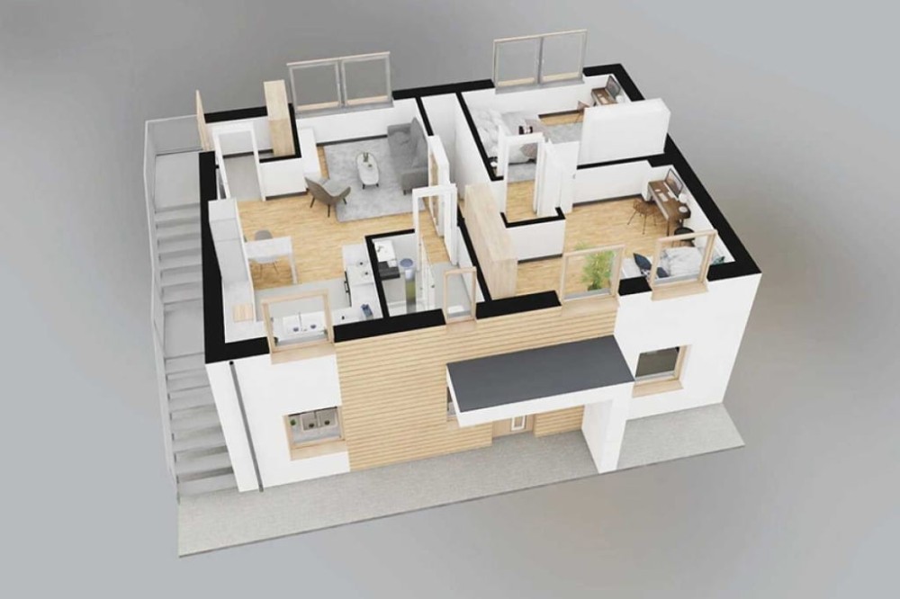 Projekt domu Vernum 2 L-6847, piętrowy, dwulokalowy, bez garażu, bez podpiwniczenia - rzut 3D poddasza
