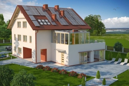 Projekt budynku noclegowego Narama 2 L-6493, piętrowy z poddaszem użytkowym, bez garażu, niepodpiwniczony - kolorystyka wersja 2