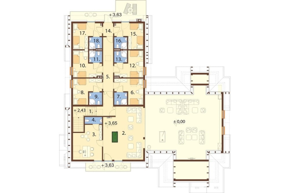Projekt budynku gastronomiczno - motelowego L-6830, parterowy z poddaszem użytkowym, bez podpiwniczenia i bez garażu - rzut poddasza