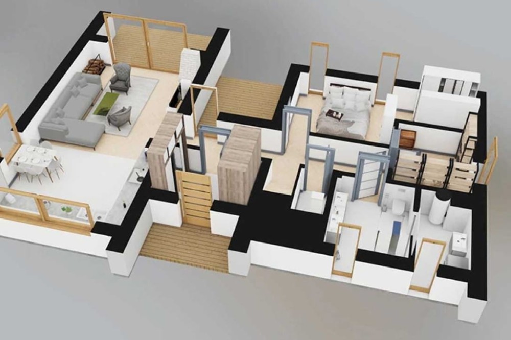 Projekt domu Salone 2 L-6852, parterowy z poddaszem użytkowym, bez podpiwniczenia, bez garażu - rzut 3D parteru