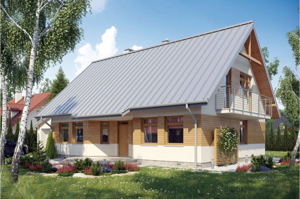 Projekt domu Tabaszowa L-6149, parterowy z poddaszem mieszkalnym, z garażem, częściowo podpiwniczony - kolorystyka wersja 3