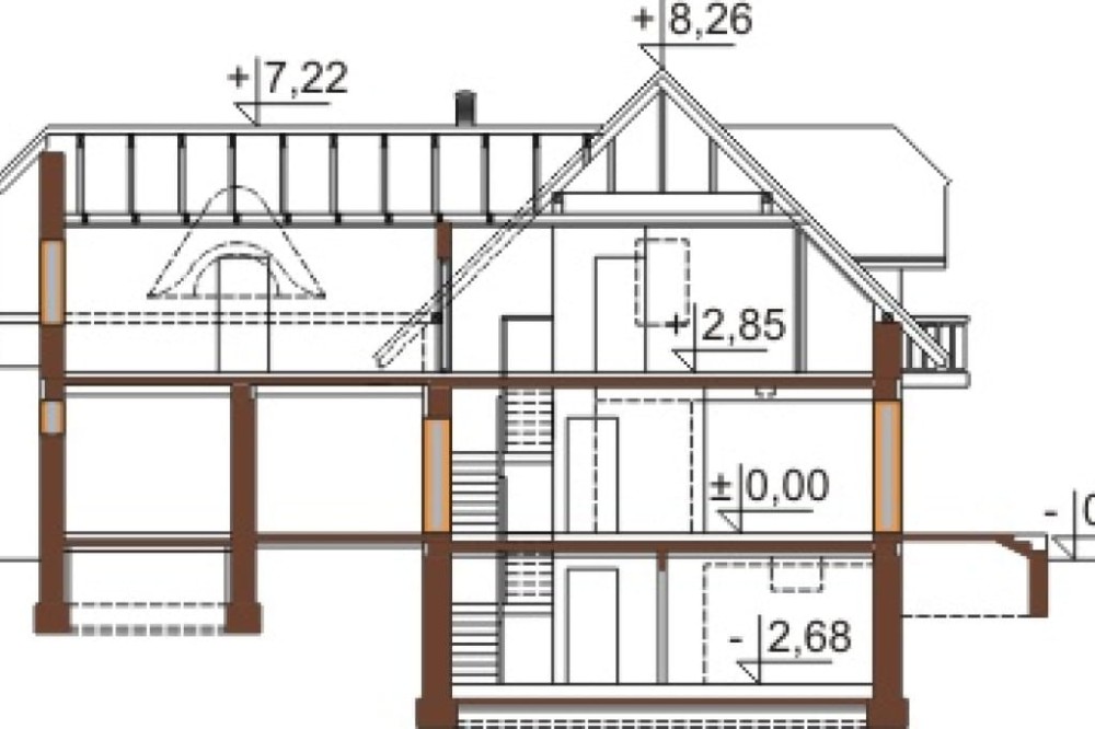 Projekt domu Podbiele 2 L-6482, parterowy z poddaszem mieszkalnym, podpiwniczony -przekrój A-A