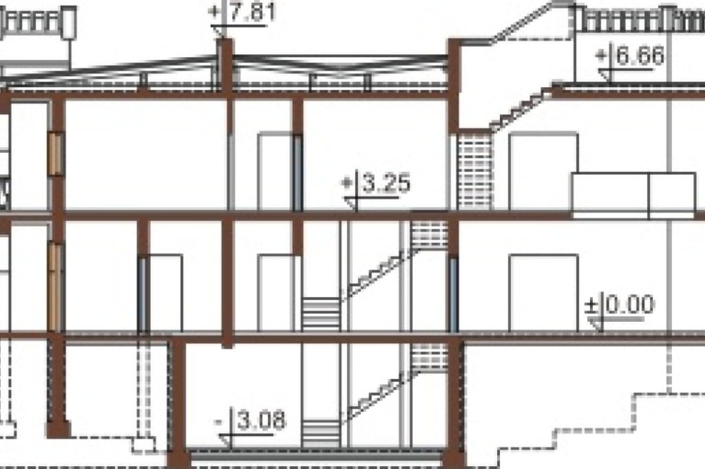 Projekt domu Tyczyn 2 RWL-02, piętrowy z poddaszem użytkowym, z dwoma garażami dwustanowiskowymi, częściowo podpiwniczony - przekrój A-A