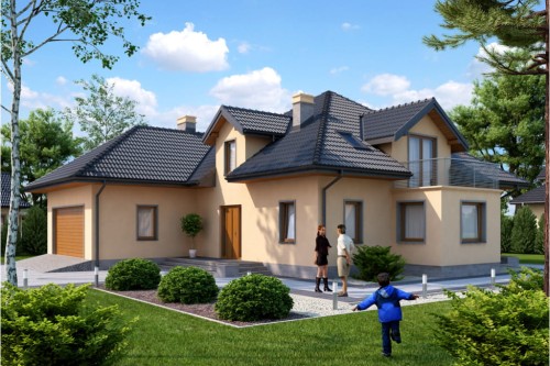 Projekt domu Piaski 2 L-6384, parterowy z garażem dwustanowiskowym, z poddaszem mieszkalnym, bez podpiwniczenia-kolorystyka wersja 2
