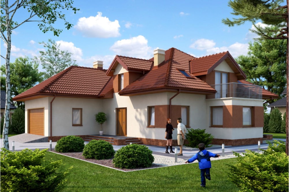 Projekt domu Piaski 2 L-6384, parterowy z garażem dwustanowiskowym, z poddaszem mieszkalnym, bez podpiwniczenia-kolorystyka wersja 3