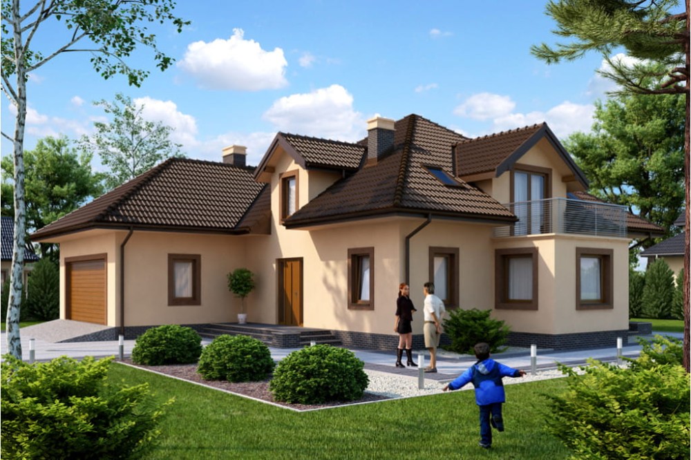 Projekt domu Piaski 2 L-6384, parterowy z garażem dwustanowiskowym, z poddaszem mieszkalnym, bez podpiwniczenia-kolorystyka wersja 4