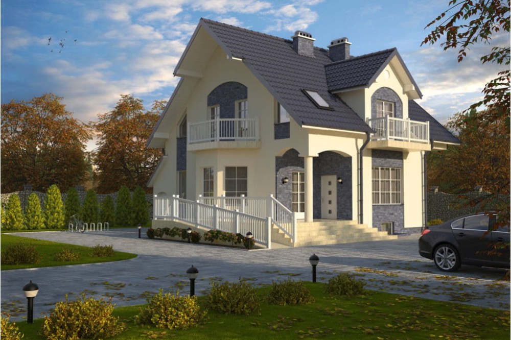 Projekt domu Puławy DM-6104, parterowy z częścią przeznaczoną na sklep, z poddaszem mieszkalnym, podpiwniczony - kolorystyka wersja 4
