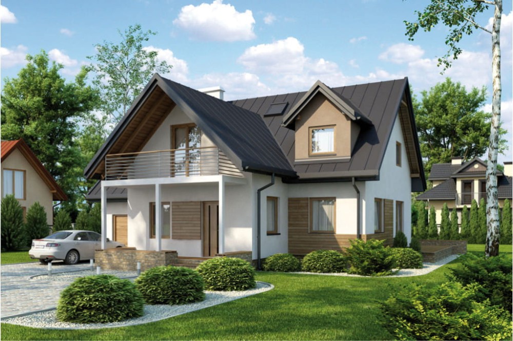 Projekt domu Skibin L-6148, parterowy z poddaszem mieszkalnym, z garażem, bez podpiwniczenia - kolorystyka wersja 2