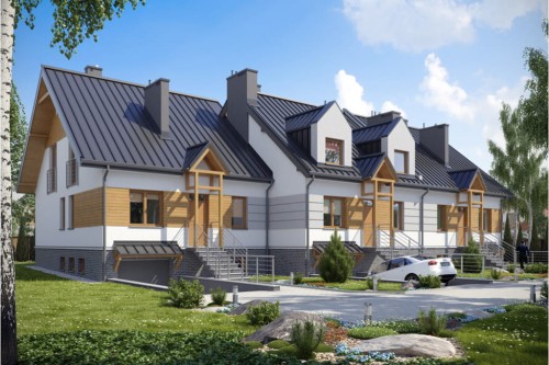 Projekt domu Lesko 2 L-6146, w zabudowie szeregowej, parterowy z poddaszem mieszkalnym, częściowo podpiwniczony, z garażem - kolorystyka wersja 1