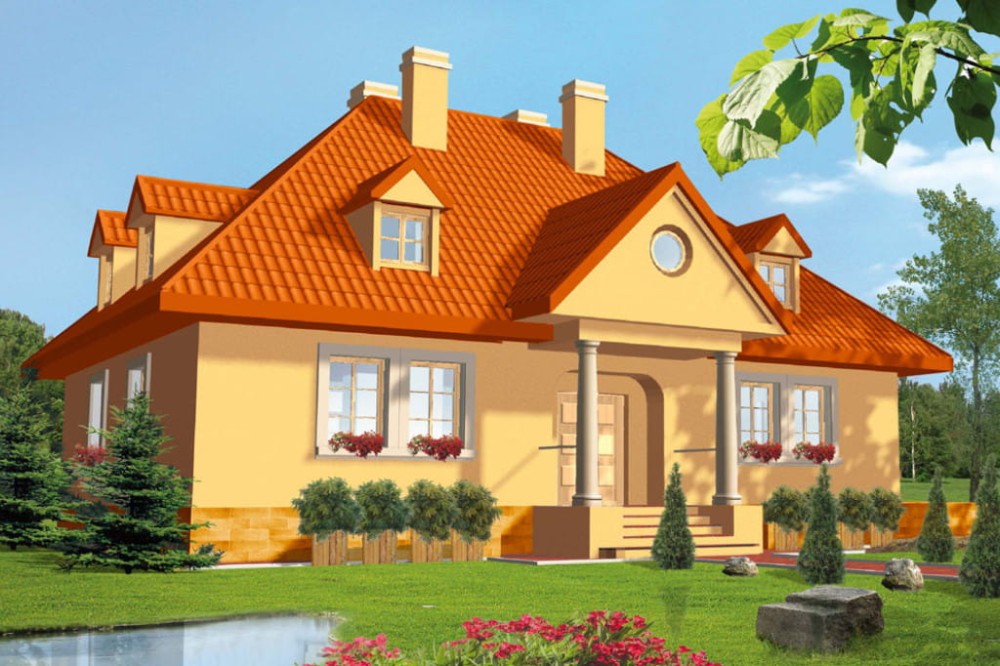 Projekt domu Czaniec B DM-6091 B, parterowy z 2 garażami, z poddaszem mieszkalnym, podpiwniczony - kolorystyka wersja 2