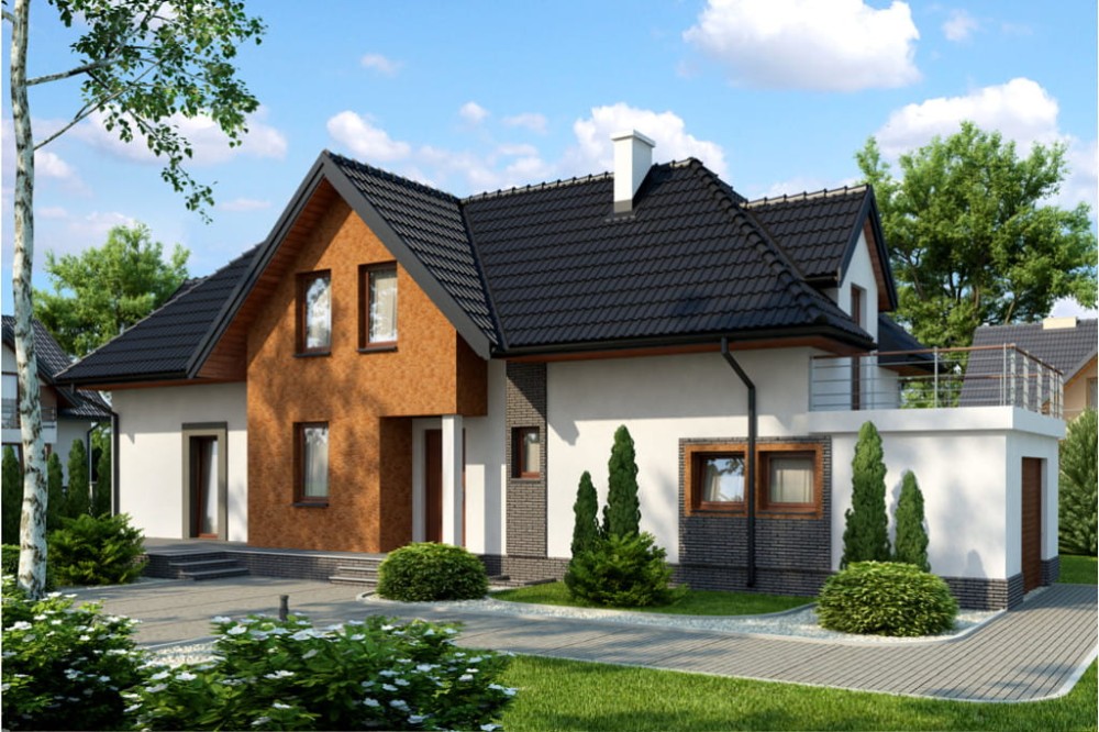 Projekt domu Racholin 2 L-6408, parterowy z poddaszem użytkowym, z garażem jednostanowiskowym, częściowo podpiwniczony - kolorystyka wersja 1
