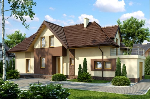 Projekt domu Racholin 2 L-6408, parterowy z poddaszem użytkowym, z garażem jednostanowiskowym, częściowo podpiwniczony - kolorystyka wersja 2