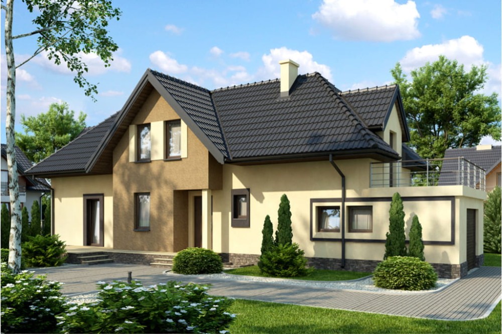 Projekt domu Racholin 2 L-6408, parterowy z poddaszem użytkowym, z garażem jednostanowiskowym, częściowo podpiwniczony - kolorystyka wersja 3