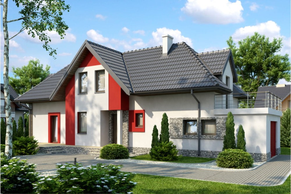 Projekt domu Racholin 2 L-6408, parterowy z poddaszem użytkowym, z garażem jednostanowiskowym, częściowo podpiwniczony - kolorystyka wersja 4