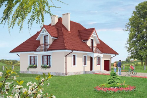 Projekt domu Tymbark DM-6340, parterowy z poddaszem mieszkalnym, częściowo podpiwniczony, z garażem - kolorystyka wersja 1