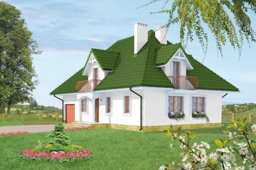 Projekt domu Tymbark 2 L-6340, parterowy z poddaszem mieszkalnym, częściowo podpiwniczony, z garażem - kolorystyka wersja 2