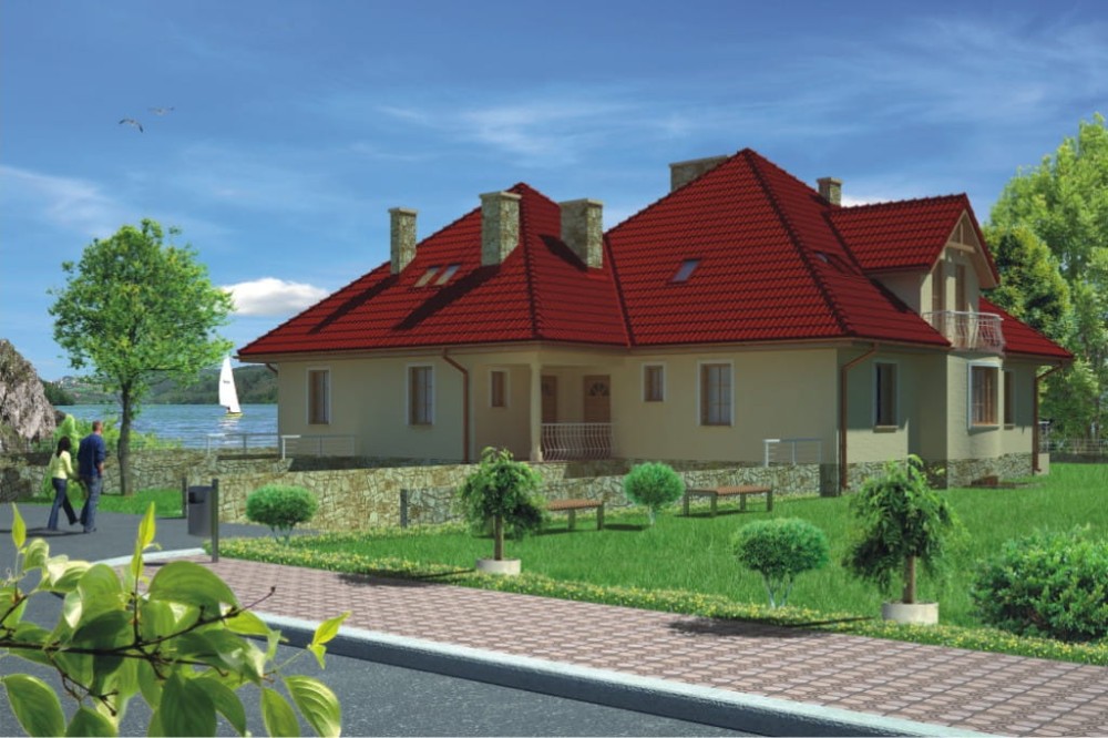 Projekt domu Gniezno 2 L-6440, parterowy z użytkowym poddaszem, dwurodzinny, z dwoma garażami, częściowo podpiwniczony - kolorystyka wersja 1