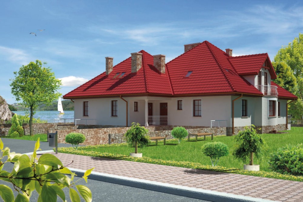 Projekt domu Gniezno 2 L-6440, parterowy z użytkowym poddaszem, dwurodzinny, z dwoma garażami, częściowo podpiwniczony - kolorystyka wersja 2