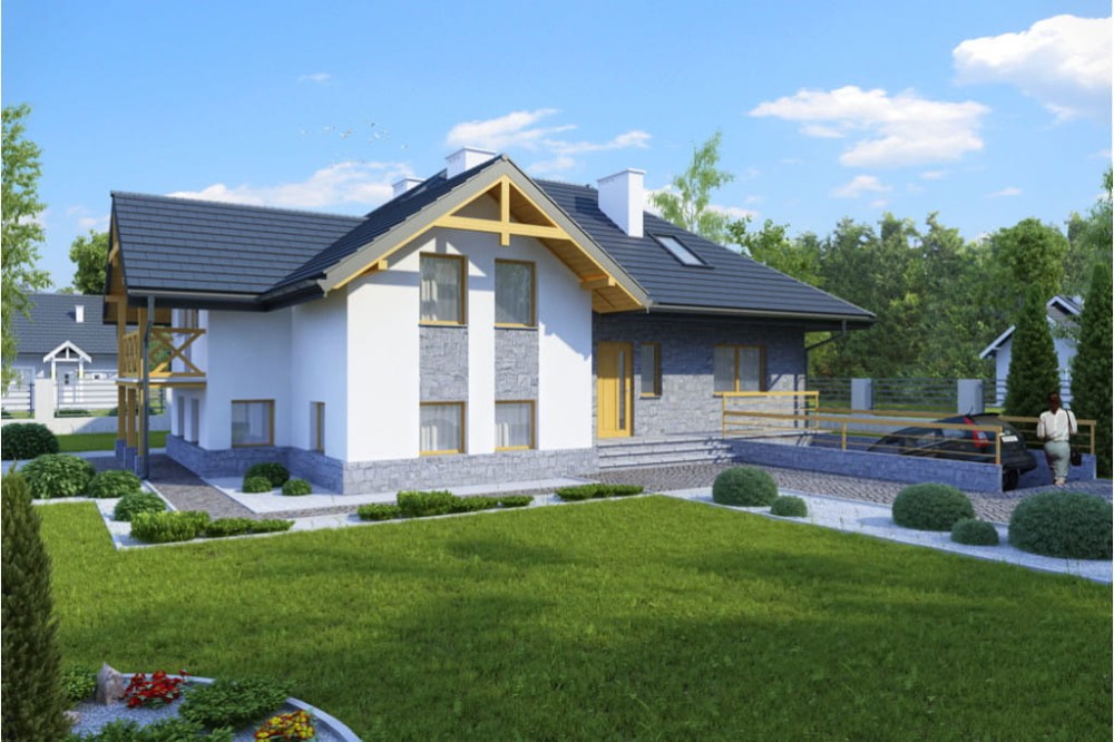 Projekt domu Krzepielów DM-6169, parterowy z poddaszem mieszkalnym, z garażem, podpiwniczony z wydzieloną częścią gospodarczą - kolorystyka wersja 3