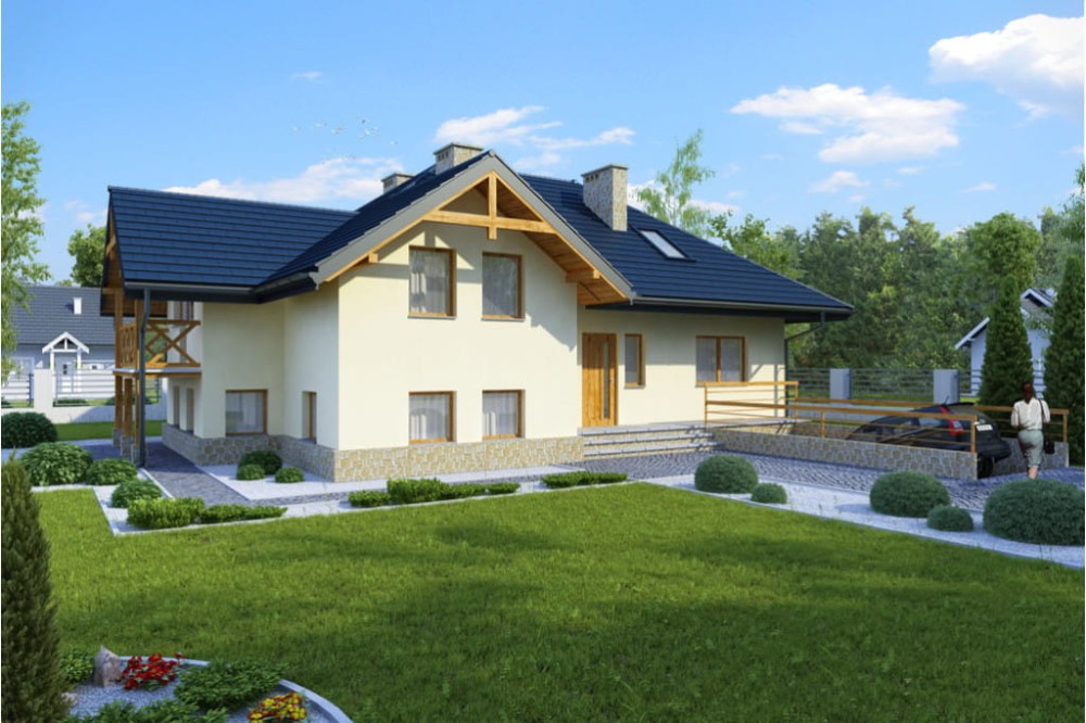 Projekt domu Krzepielów DM-6169, parterowy z poddaszem mieszkalnym, z garażem, podpiwniczony z wydzieloną częścią gospodarczą - kolorystyka wersja 4