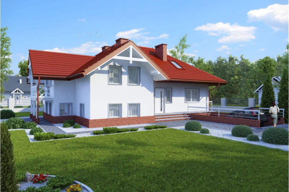 Projekt domu Krzepielów DM-6169, parterowy z poddaszem mieszkalnym, z garażem, podpiwniczony z wydzieloną częścią gospodarczą - kolorystyka wersja 1