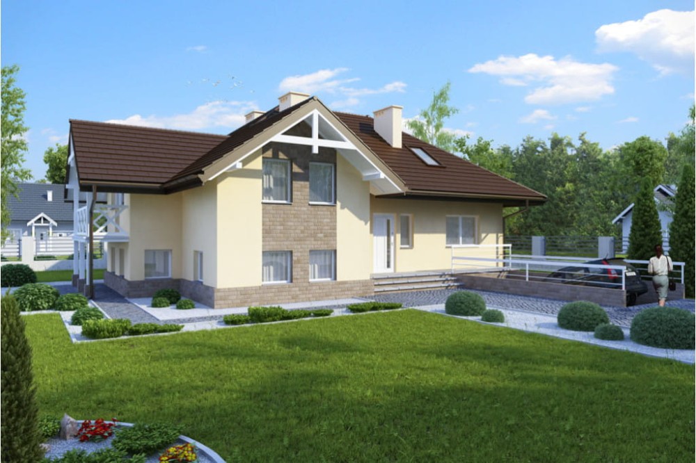 Projekt domu Krzepielów DM-6169, parterowy z poddaszem mieszkalnym, z garażem, podpiwniczony z wydzieloną częścią gospodarczą - kolorystyka wersja 2